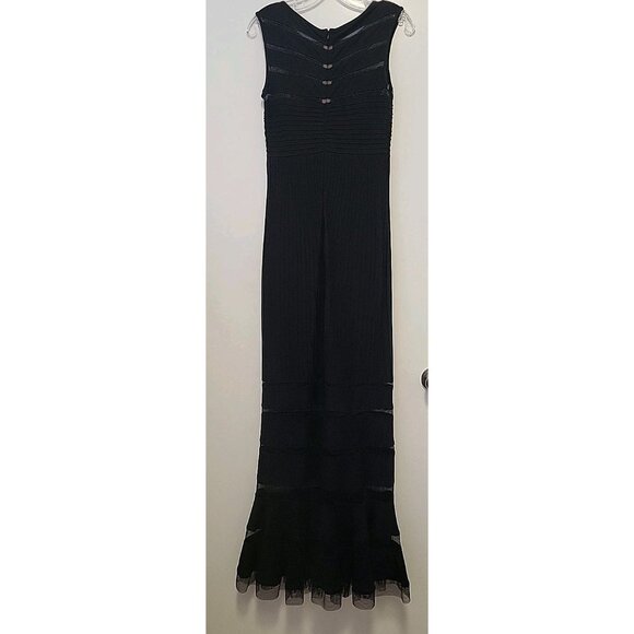 Tadashi Shoji Gown Mesh Striped Mid section ribbed Panel Style Black XS - Picture 6 of 10